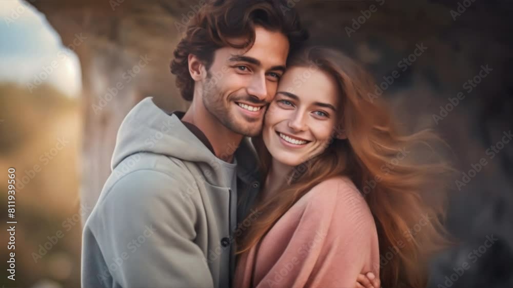Young couple embracing and smiling at the camera, Young couple embracing and smiling at the camera,