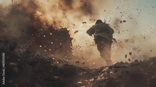 Heroic Soldier Hurling Grenade at Fortified Bunker in Intense Battle Scene photo