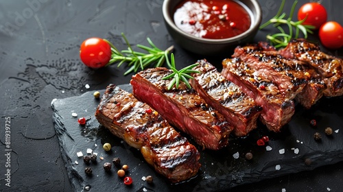 Sliced flank steak cooked medium on a charcoal grill on a dark background. Top view