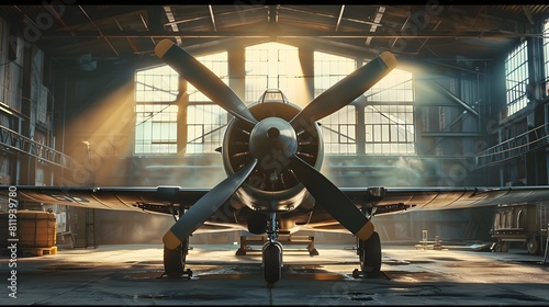 Majestic Vintage Fighter Jet Frozen in Motion within Cavernous Hangar with Sunlight Rays photo