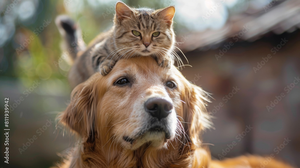Obraz premium Cat and dog enjoying each other's company, with the cat sitting on the dog's head in a lovely and adorable pet snapshot. AI-generated content.