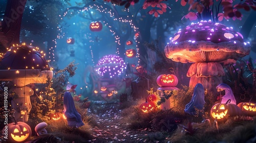 Enchanting Nighttime Forest with Glowing Mushrooms and Jack o Lanterns in a Fantastical Spooky and Whimsical Halloween Scene