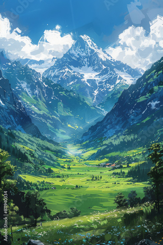 Beautiful meadows with a backdrop of snow-capped mountains, depicted in a unique artistic style with a textured brushstroke effect, created using advanced AI technology.