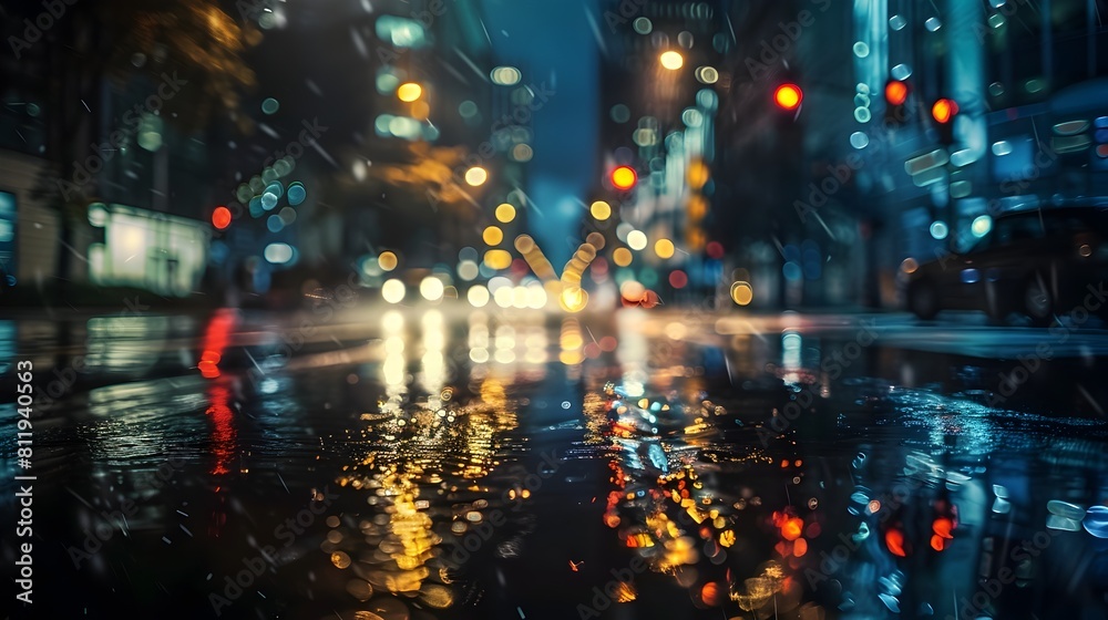 Fototapeta premium Moody Rainy Night City Street Reflections and Atmospheric Cityscape
