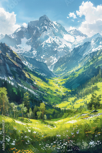 Beautiful illustration of a rolling green valley with a snow-capped mountain range  created in a unique artistic style using textured brush strokes  Generative AI technology.