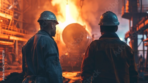 Two steelworkers in hard hats looking at a blast furnace Manufacturing industry, smelting, steel lathe a iron melter steel production in the factory 