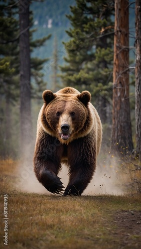 Raging grizzly bear sprints menacingly towards the camera, eyes ablaze. photo