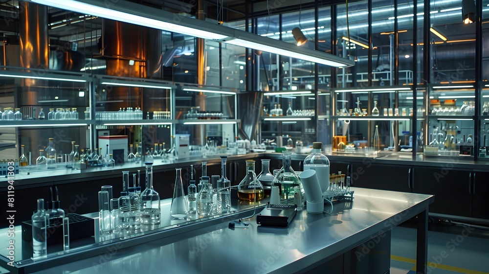 Fototapeta premium Experimental Laboratory with Illuminated Scientific Equipment and Glassware