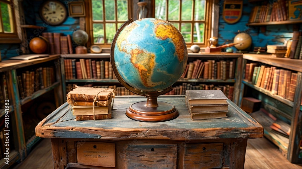 A globe sits on a wooden desk in a library. A globe sits on a wooden desk in a library.