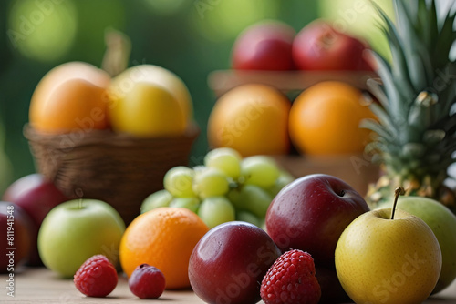 Fresh fruit on a table with a blurred background. Perfect for celebrating Vegetarian Day and promoting healthy eating