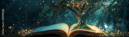 A magical storybook came to life, revealing a beautiful fairyland with a majestic tree emitting a soft, mesmerizing light in the dark forest. photo