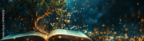 The magical fairytale book featured an enchanting scene with a fairy forest, a towering tree aglow with sparkling light against the dark night sky, created using generative AI technology.