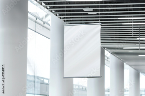 Close up of empty white stopper hanging in wooden interior with industrial ceiling mockup