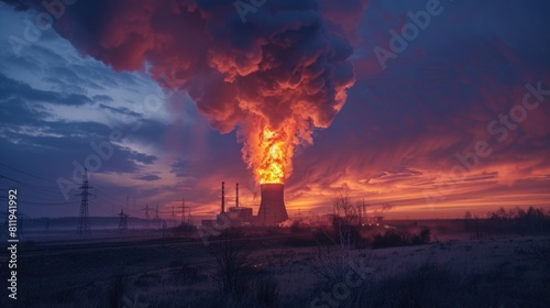 Explosion at the nuclear power station. Disaster. Column of fire and smoke like from a nuclear bomb. AI generative.