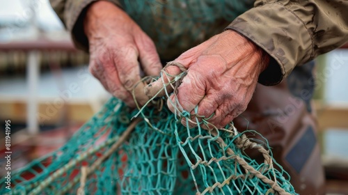 Close-up of a fisherman's hands mending a fishing net. photo