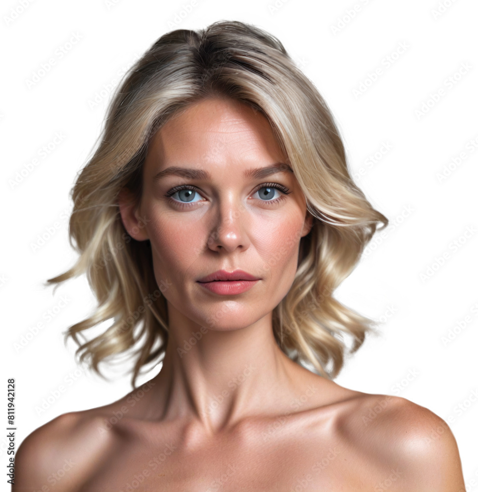 Woman with perfect skin closeup. Mature middle-aged woman blonde hair. Beauty care. Transparent background isolated png. Portrait, beauty, face, care, natural, glow, flawless. Concept of female skin Woman with perfect skin closeup. Mature middle-aged woman blonde hair. Beauty care. Transparent background isolated png. Portrait, beauty, face, care, natural, glow, flawless. Concept of female skin