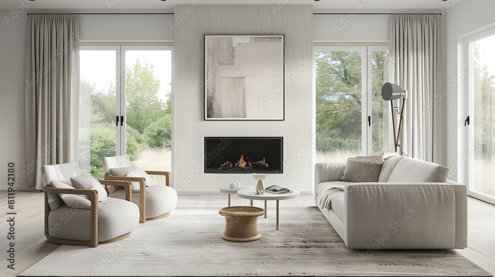 Elegant Modern Living Room with Natural View. Bright and elegant modern living room featuring a chic fireplace, large windows with serene nature views, and stylish furniture.