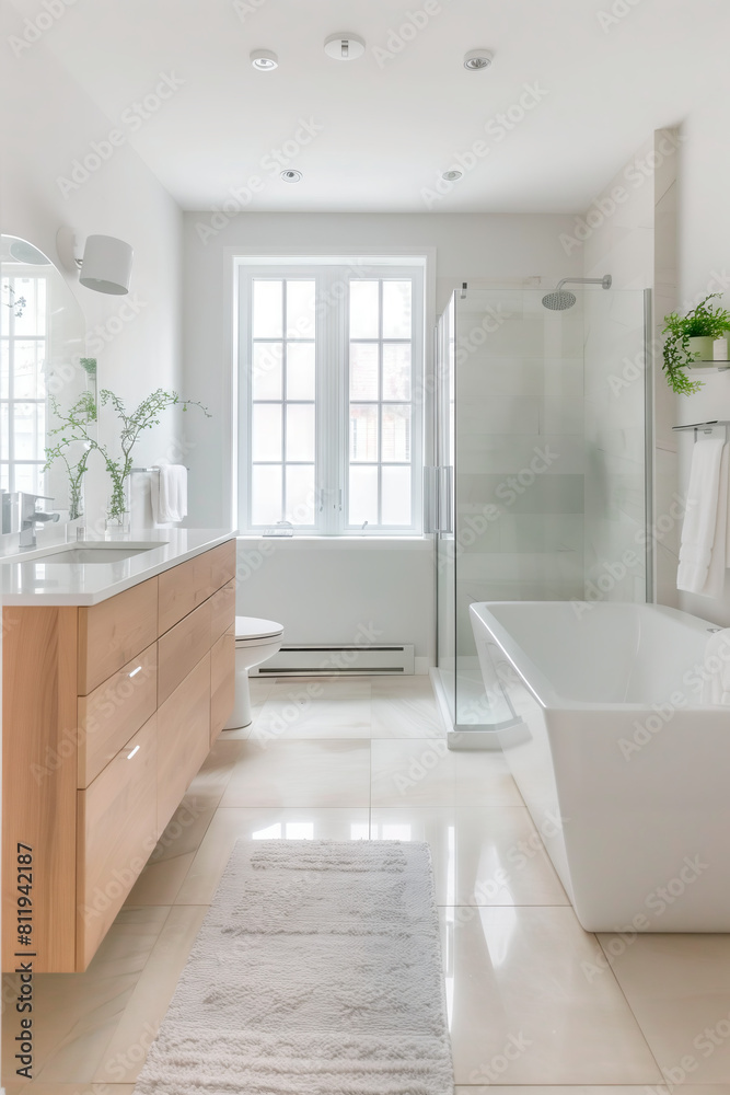 Scandinavian-style bathroom showcases a serene and sleek design featuring a freestanding tub, modern glass shower, and a wooden vanity. The space is illuminated by natural light from large windows Scandinavian-style bathroom showcases a serene and sleek design featuring a freestanding tub, modern glass shower, and a wooden vanity. The space is illuminated by natural light from large windows
