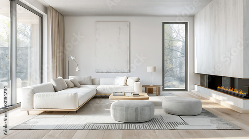 An elegant and modern living room featuring a minimalist Scandinavian design  complete with a stylish sofa set  chic poufs  and a sleek fireplace.