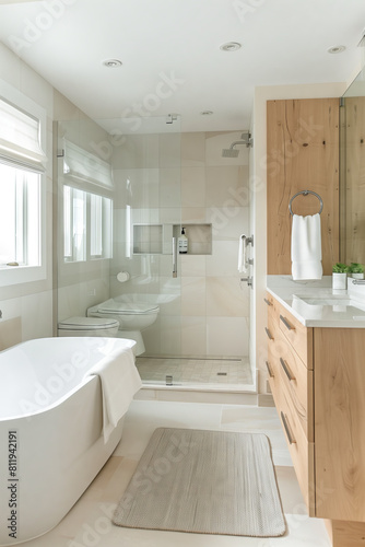 Contemporary Scandinavian bathroom features a clean design with a freestanding bathtub  wooden vanity  and glass shower  highlighted by natural light