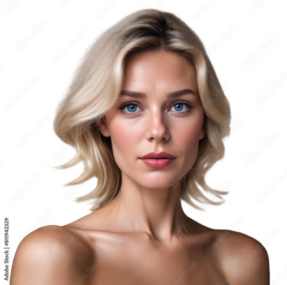 Woman with perfect skin closeup. Mature middle-aged woman blonde hair. Beauty care. Transparent background isolated png. Portrait, beauty, face, care, natural, glow, flawless. Concept of female skin Woman with perfect skin closeup. Mature middle-aged woman blonde hair. Beauty care. Transparent background isolated png. Portrait, beauty, face, care, natural, glow, flawless. Concept of female skin