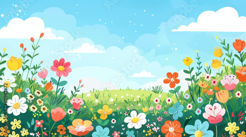 Create a charming cartoon-style illustration of a whimsical meadow filled with colorful flowers under a serene blue sky, perfect for displaying a message or design element.