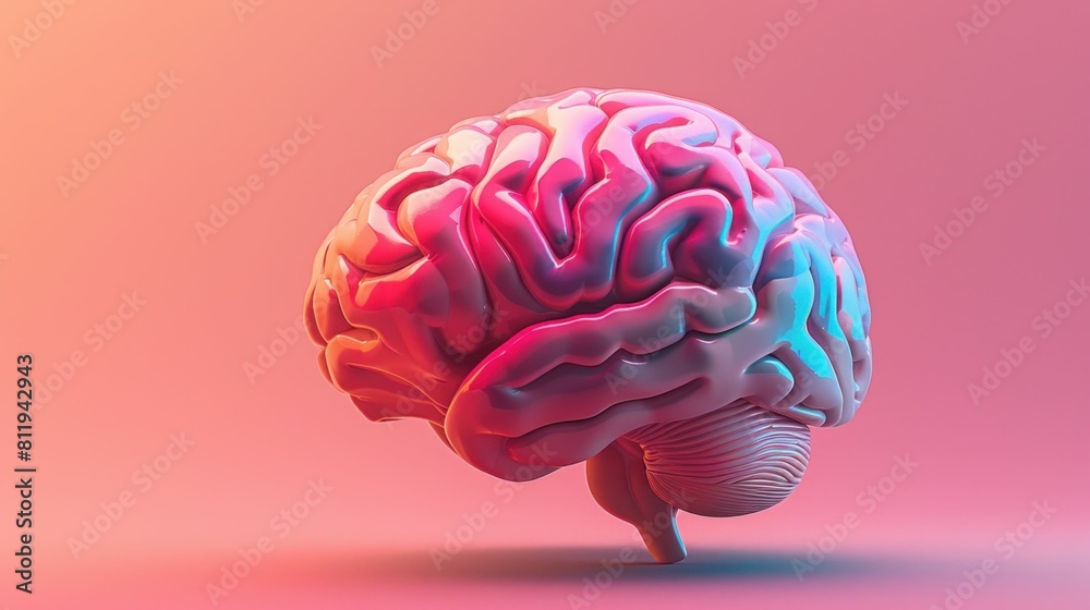 3D model of human brain on pink and blue background with word brain in ...