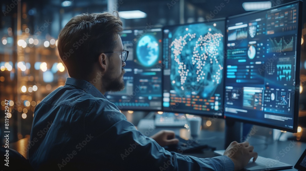 A man in an office setting is seated in front of a computer monitor, typing and interacting with a virtual AI A man in an office setting is seated in front of a computer monitor, typing and interacting with a virtual AI