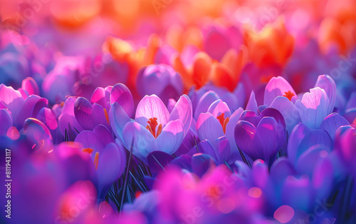 Close-up shot of a fully bloomed crocus flower field, creating a vivid and colorful spring flower backdrop, generated by AI technology.