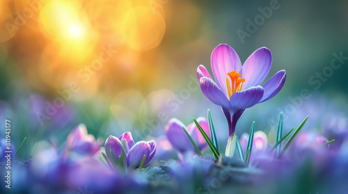 A close-up shot of a fully blossomed crocus flower in a vibrant spring field  creating a beautiful and lively background. The image is generated with the help of artificial intelligence technology.