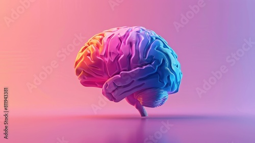 Vibrant 3D Illustration of a Human Brain on a Colorful Pink, Blue, and Purple Background with Gradient Effect © VICHIZH