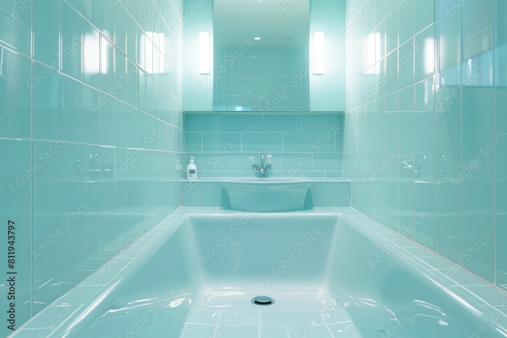 Modern and spacious bathroom with blue tiled walls, sink, and bathtub in the center of the room