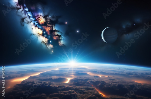Space galaxy background with stars, Milky Way, planets, bright night scene. Fantasy landscape with surrealistic sky. Cosmic concept