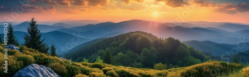 Sunrise in the mountains panoramic view amazing landscape beautiful.  © theevening