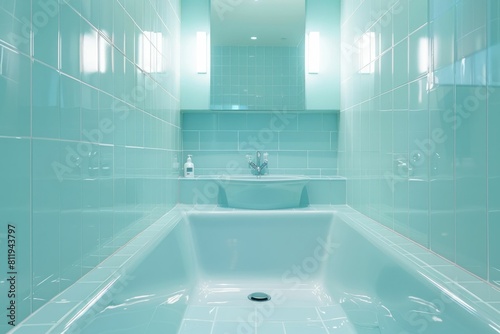 Obraz na płótnie Modern and spacious bathroom with blue tiled walls, sink, and bathtub in the center of the room w salonie