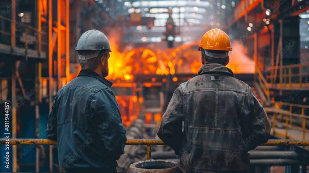 Two steelworkers in hard hats looking at a blast furnace Manufacturing industry, smelting, steel lathe a iron melter steel production in the factory

