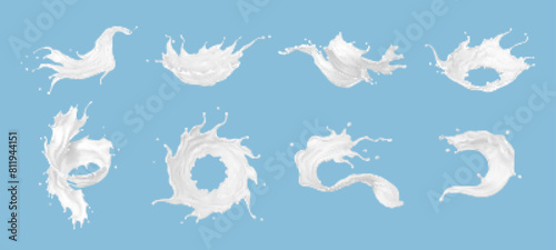 Set of realistic milk splashes of various shape with drops isolated on blue background. Vector illustration