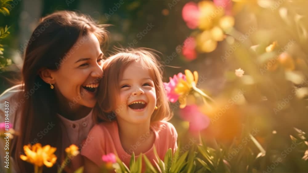 A mother and daughter laughing together in a sunlit garden. A mother and daughter laughing together in a sunlit garden.