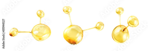 Gold oil molecules. 3D abstract molecular structures. Beauty science skincare molecular concept. Vector 3d illustration