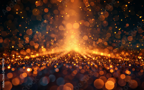 Create a mesmerizing gold-themed backdrop with soft bokeh lighting, sparkling glitter accents, and an enchanting aura for a luxurious atmosphere perfect for any stage setting.