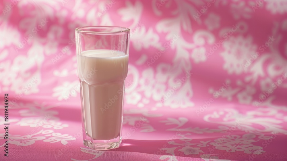 Celebrate World Milk Day with a charming display a glass of milk set against a delightful pink backdrop adorned with a lovely pattern Celebrate World Milk Day with a charming display a glass of milk set against a delightful pink backdrop adorned with a lovely pattern