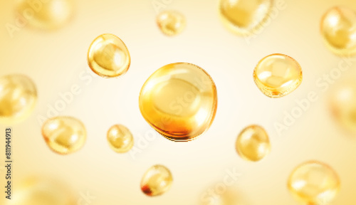 Golden oil bubbles, liquid collagen or serum. Skin care cosmetic product texture or clear essence. Concept skin care cosmetics solution. Vector realistic illustration