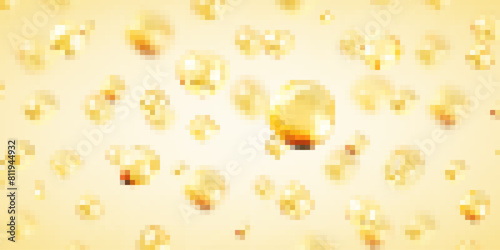 Golden oil bubbles, liquid collagen or serum. Skin care cosmetic product texture or clear essence. Concept skin care cosmetics solution. Vector realistic illustration