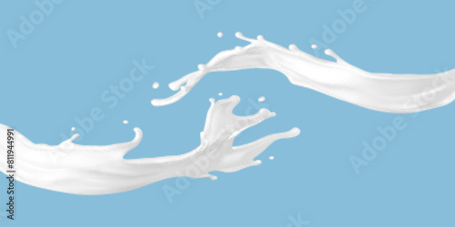 Milk or yogurt splashes isolated on blue background. Liquid splash. Vector illustration