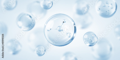 Molecule inside bubble on blue background. Blue collagen serum drops. Concept skin care cosmetics solution. Vector illustration