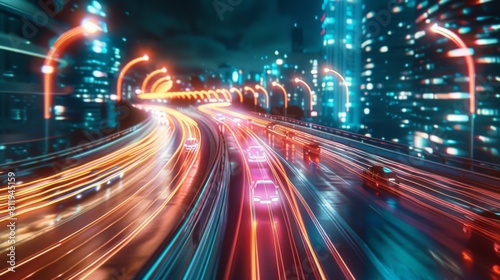 abstract neon background  space tunnel turning to left  ultra violet rays  glowing lines  virtual reality jump  speed of light  space and time strings  highway night lights
