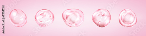 Molecules inside bubbles on pink background. Collagen serum bubble. Cosmetic essence. Concept skin care cosmetics solution. Vector 3d illustration
