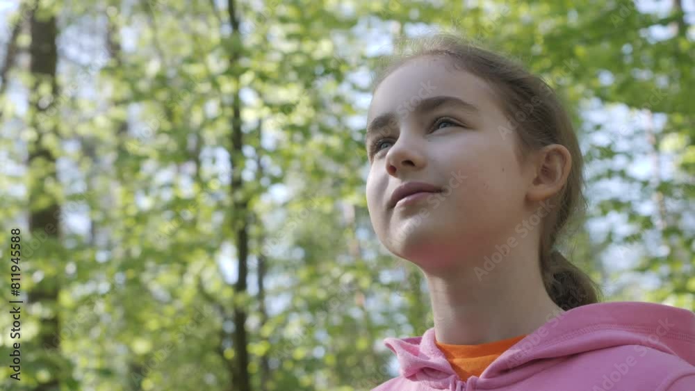 Portrait Child Girl Exhaling Fresh Air, Taking Deep Breath, Reducing Stress in Forest. Dreamy Peaceful Relaxed Person Breathing Fresh Air Nature, Tranquil Child Alone Outdoors Rest Stress Relief. Portrait Child Girl Exhaling Fresh Air, Taking Deep Breath, Reducing Stress in Forest. Dreamy Peaceful Relaxed Person Breathing Fresh Air Nature, Tranquil Child Alone Outdoors Rest Stress Relief.