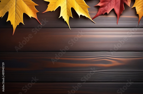 Bright autumn leaves on wooden background. Greeting card with copy space for the text. Autumn is coming concept