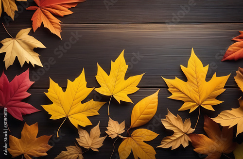 Bright autumn leaves on wooden background. Greeting card with copy space for the text. Autumn is coming concept